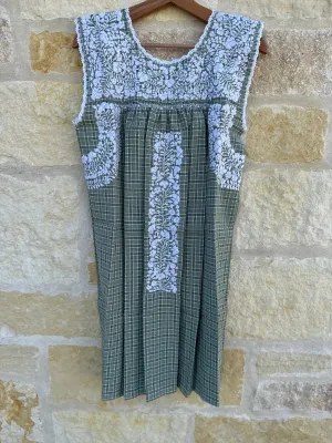 Green and Black Plaid With White Embroidery Felicia Midi Dress - M