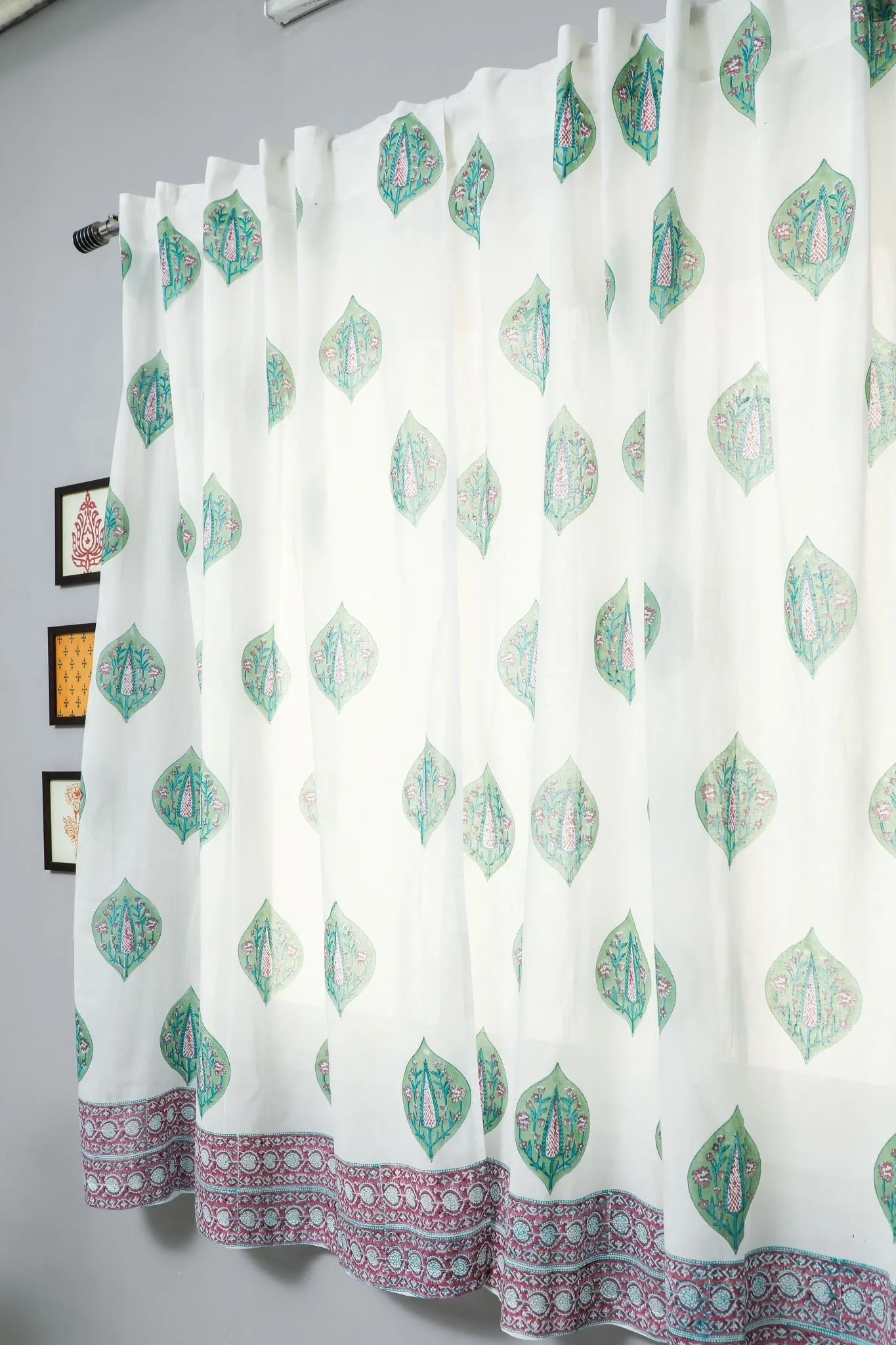 'Green Palm' Handblock Printed Cotton Window Curtain