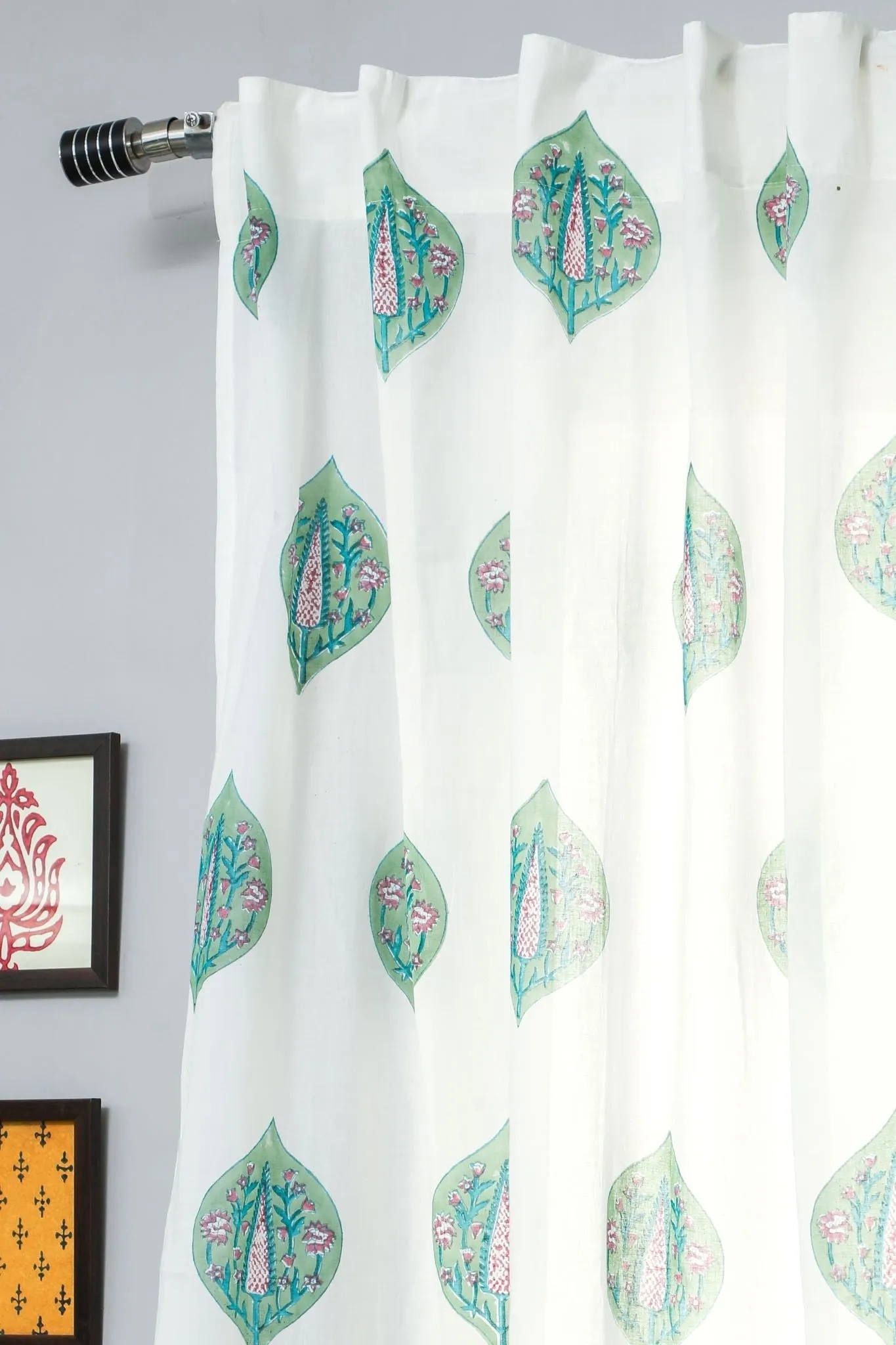 'Green Palm' Handblock Printed Cotton Window Curtain