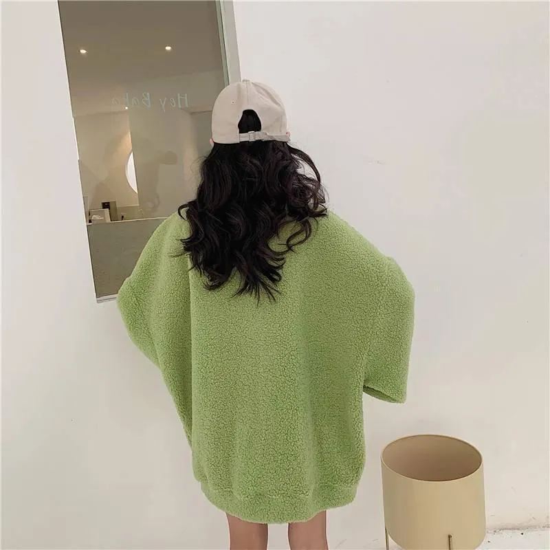 Half Zipper Stand-up Collar Padded Sweater Student Lazy Style Loose Coat Women