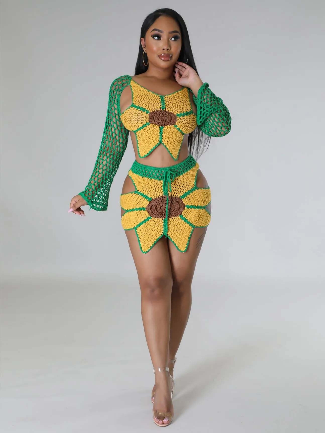 Hand-crochet Sunflowers Beachwear Cover Up 2 Piece Sets