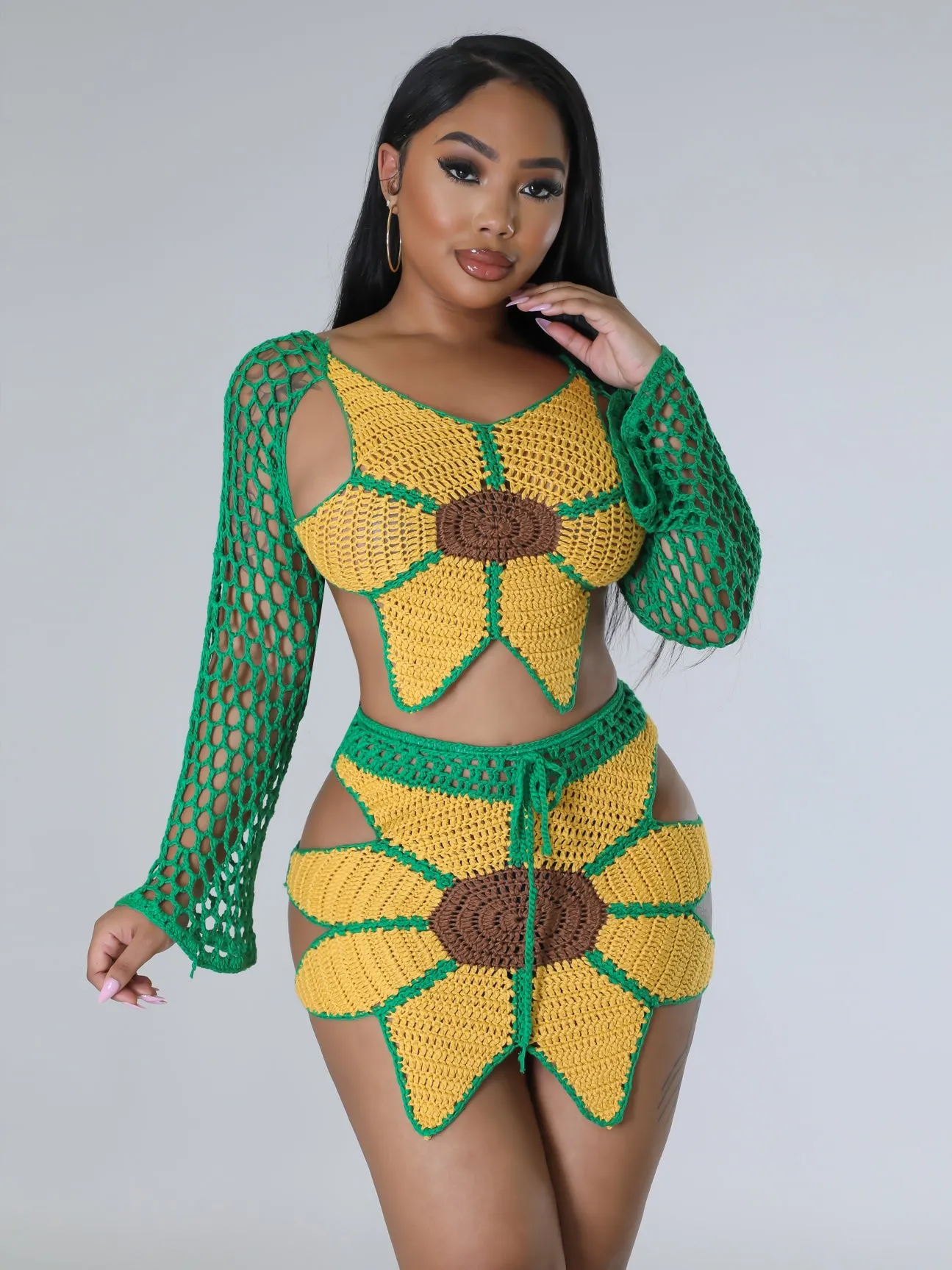 Hand-crochet Sunflowers Beachwear Cover Up 2 Piece Sets
