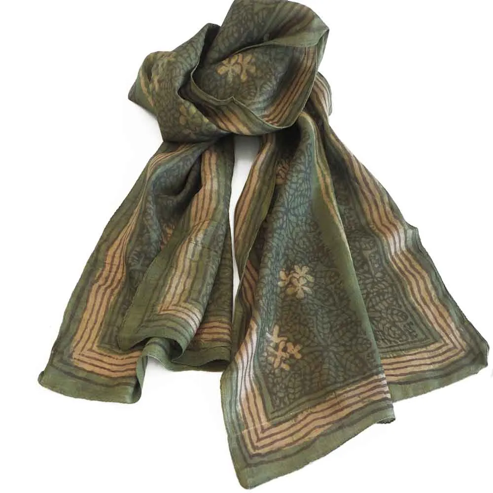 Hand woven fair trade tussar silk block printed scarf