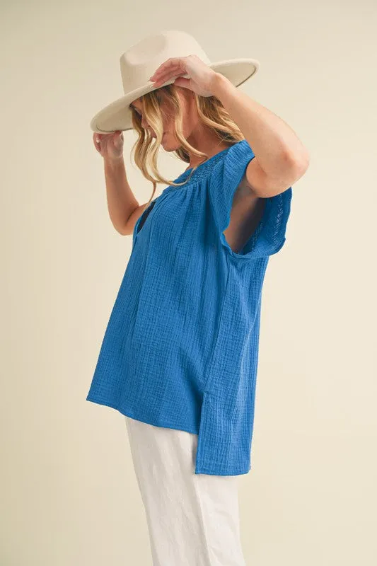 Hazel Blues® |  Aemi   Co Embroidered Trim Side Slit Notched Short Sleeve Blouse