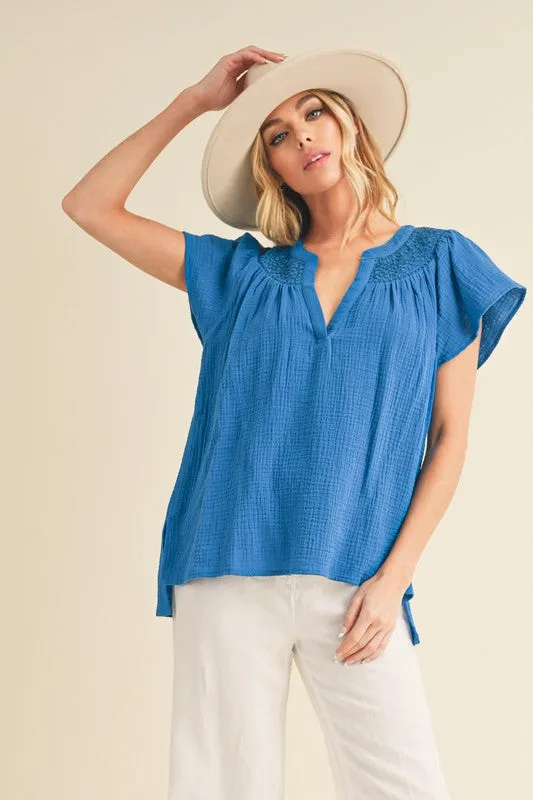 Hazel Blues® |  Aemi   Co Embroidered Trim Side Slit Notched Short Sleeve Blouse