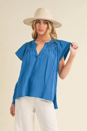 Hazel Blues® |  Aemi   Co Embroidered Trim Side Slit Notched Short Sleeve Blouse
