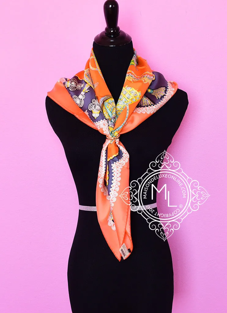Hermes Orange Gray Twill Silk 90 cm Paperoles Scarf