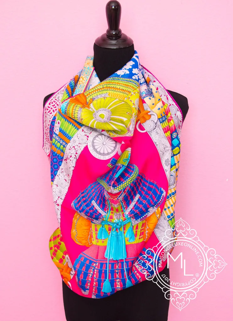 Hermes Pink Blue Twill Silk 90 cm Parures De Samourais Scarf