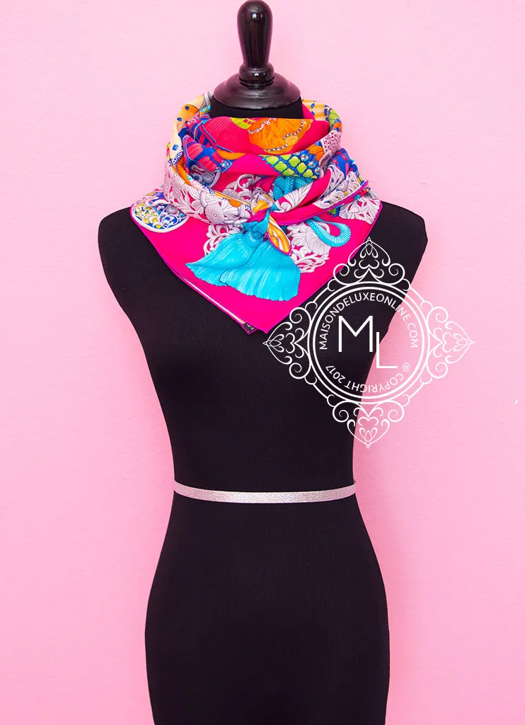 Hermes Pink Blue Twill Silk 90 cm Parures De Samourais Scarf