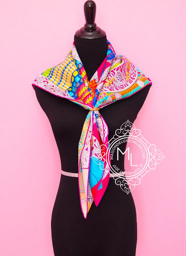 Hermes Pink Blue Twill Silk 90 cm Parures De Samourais Scarf