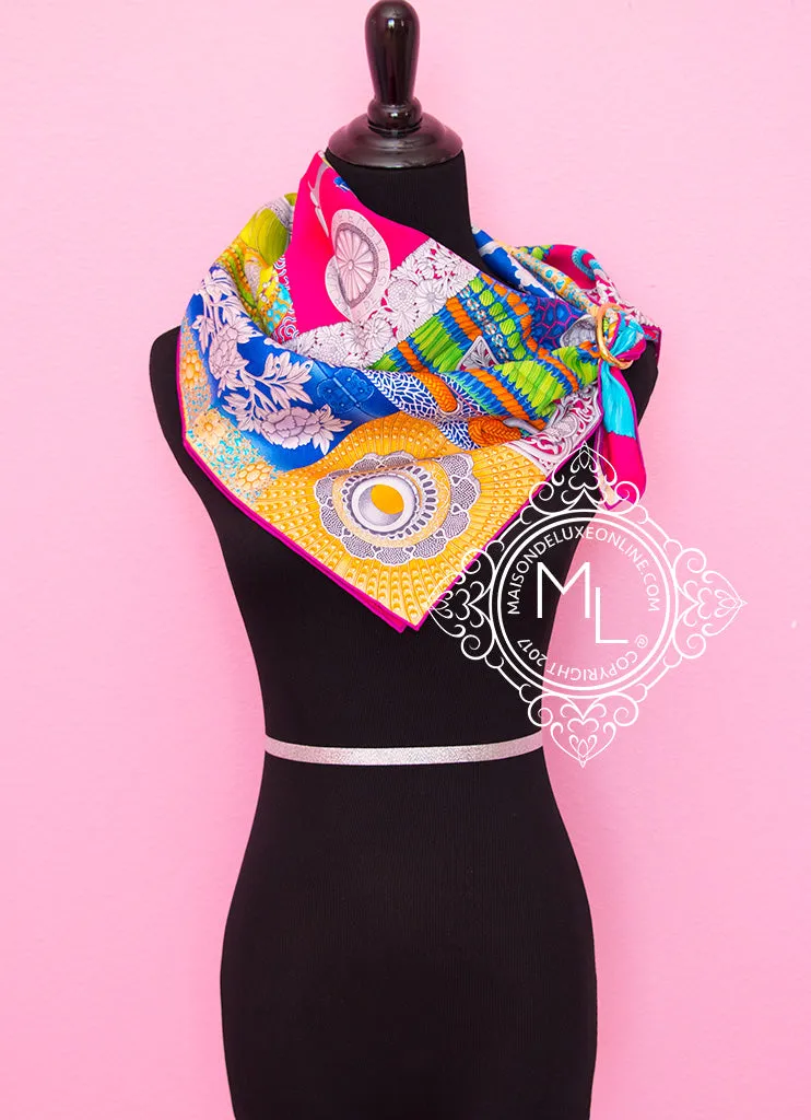Hermes Pink Blue Twill Silk 90 cm Parures De Samourais Scarf
