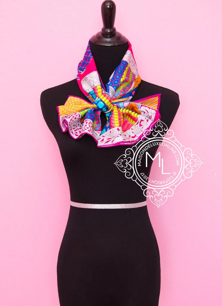 Hermes Pink Blue Twill Silk 90 cm Parures De Samourais Scarf