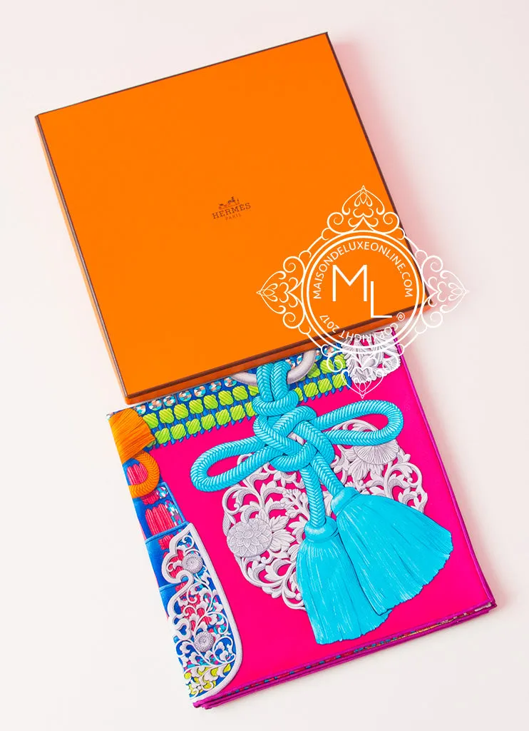 Hermes Pink Blue Twill Silk 90 cm Parures De Samourais Scarf