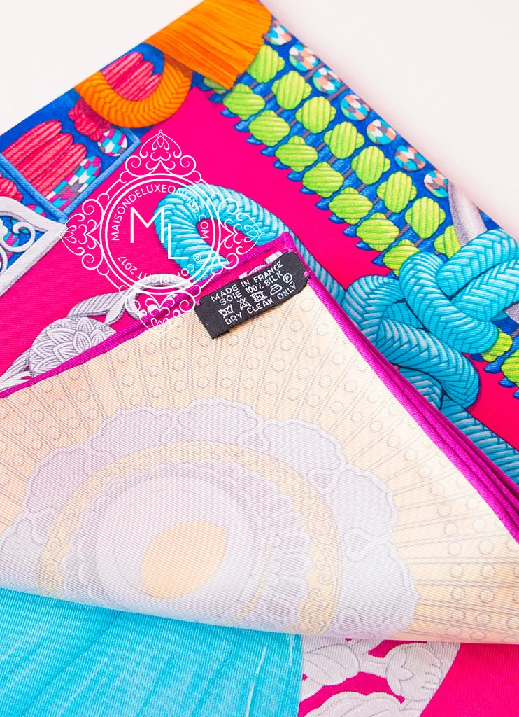 Hermes Pink Blue Twill Silk 90 cm Parures De Samourais Scarf