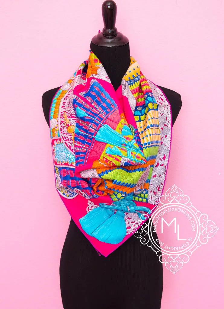 Hermes Pink Blue Twill Silk 90 cm Parures De Samourais Scarf