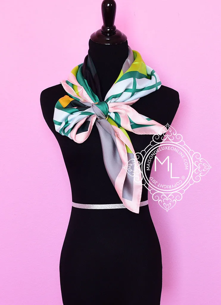 Hermes Pink Green Twill Silk 90 cm Zeta de Nathalie du Pasquier Scarf