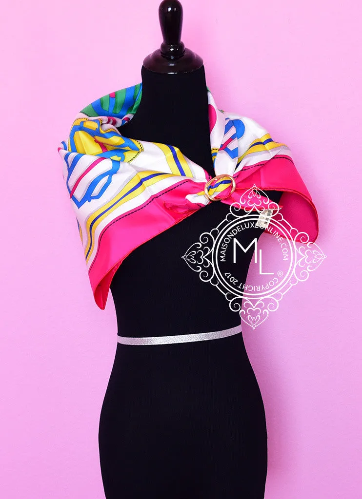 Hermes Pink White Twill Silk 90 cm Bouclerie Moderne Scarf