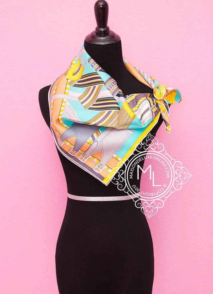 Hermes Yellow Aqua Twill Silk 90 cm Sangles en Zigzag Scarf