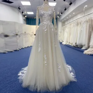 High Neck Lace and Tule A-line Wedding Dress with Long Sleeve