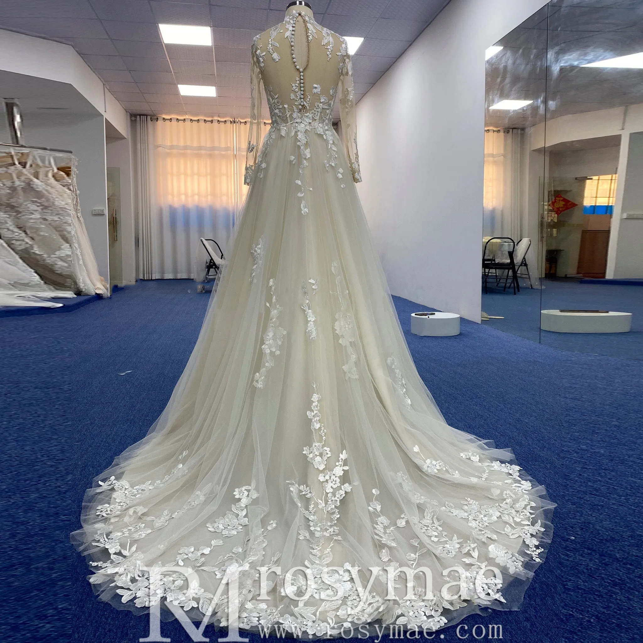 High Neck Lace and Tule A-line Wedding Dress with Long Sleeve