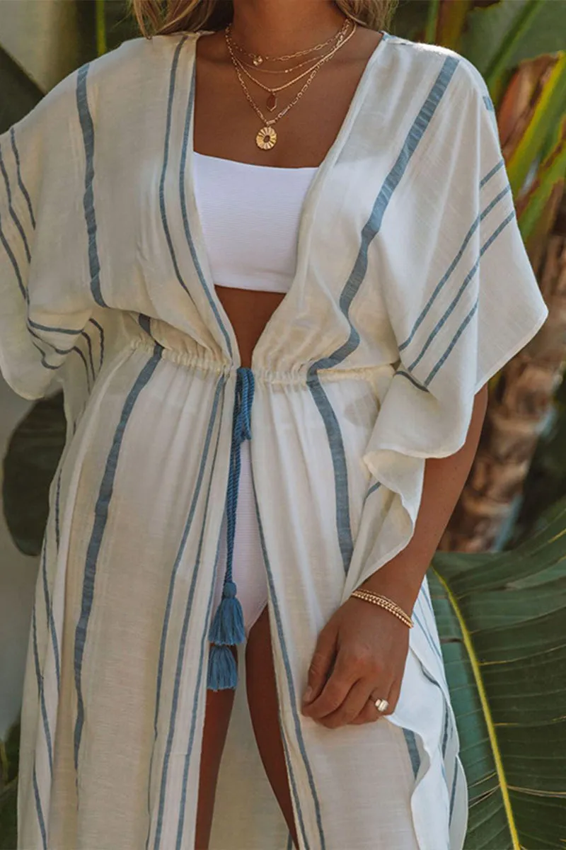 HSZ1052 Striped Open-Front Kimono Cover-Up