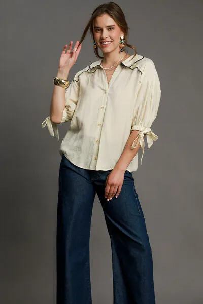 Ivory Embroidered Detail Button Down Shirt