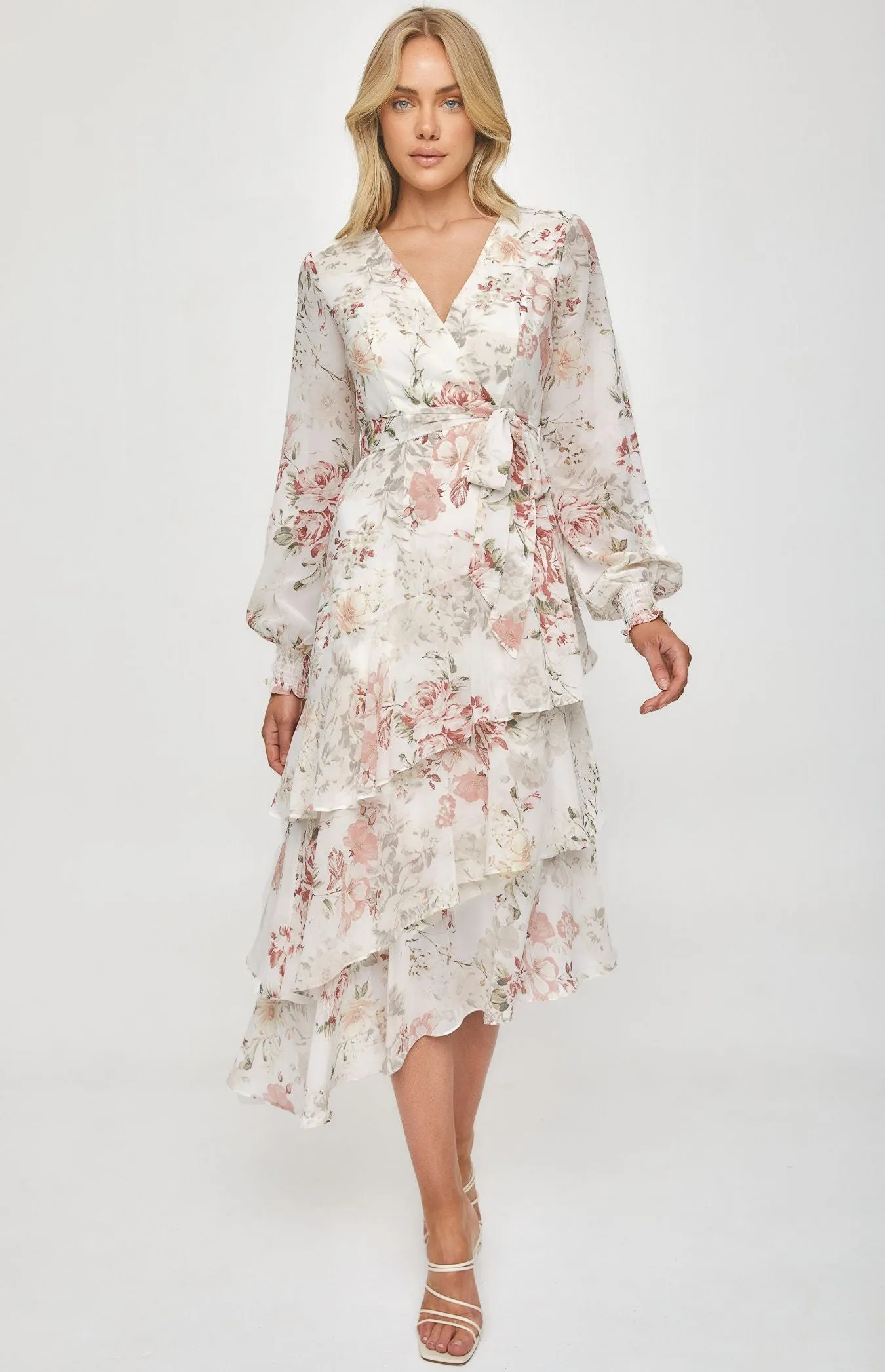 Ivory Floral Tiered Hem Midi Cocktail Dress