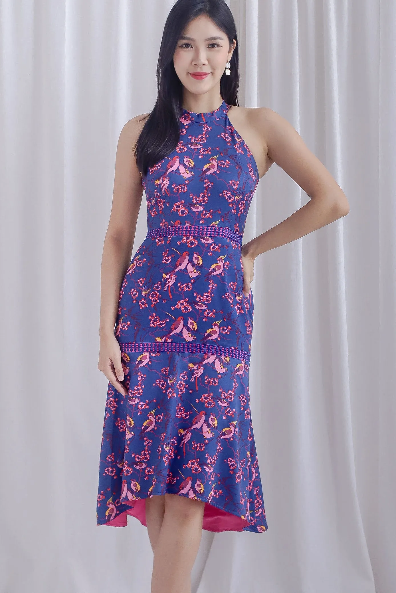 Jennifer Floral Bird Halter Mermaid Dress In Navy Blue