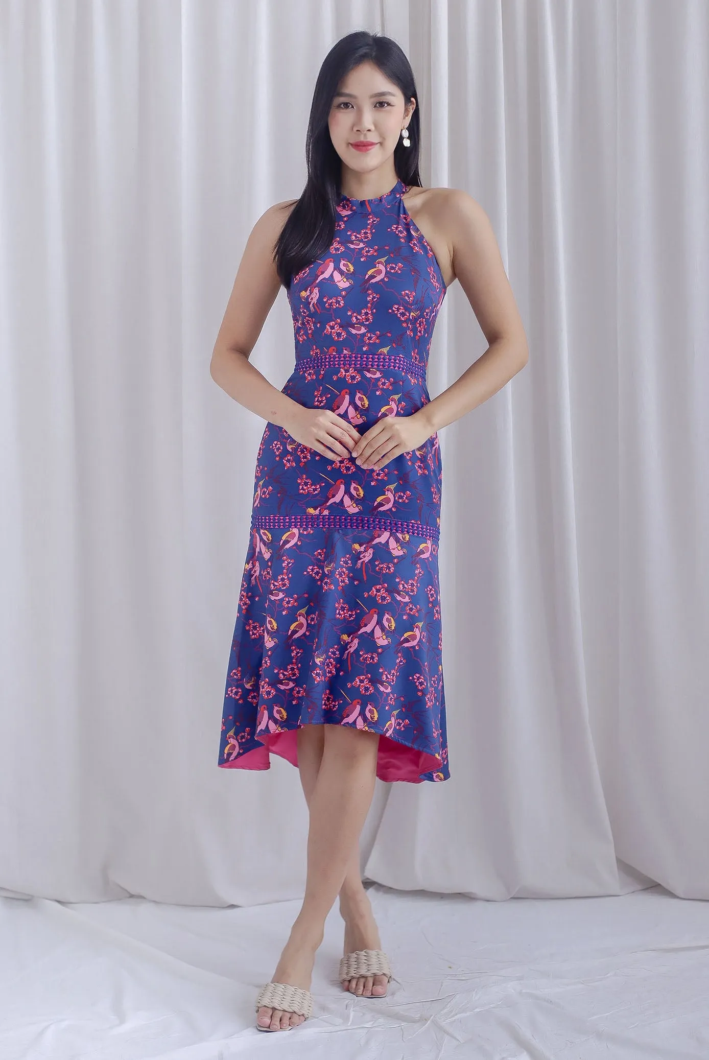 Jennifer Floral Bird Halter Mermaid Dress In Navy Blue