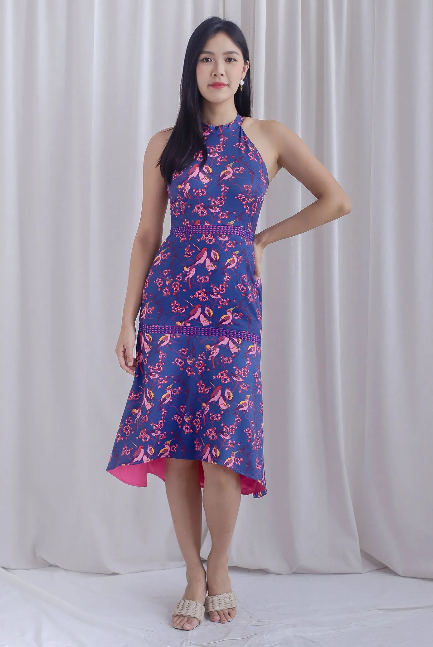 Jennifer Floral Bird Halter Mermaid Dress In Navy Blue