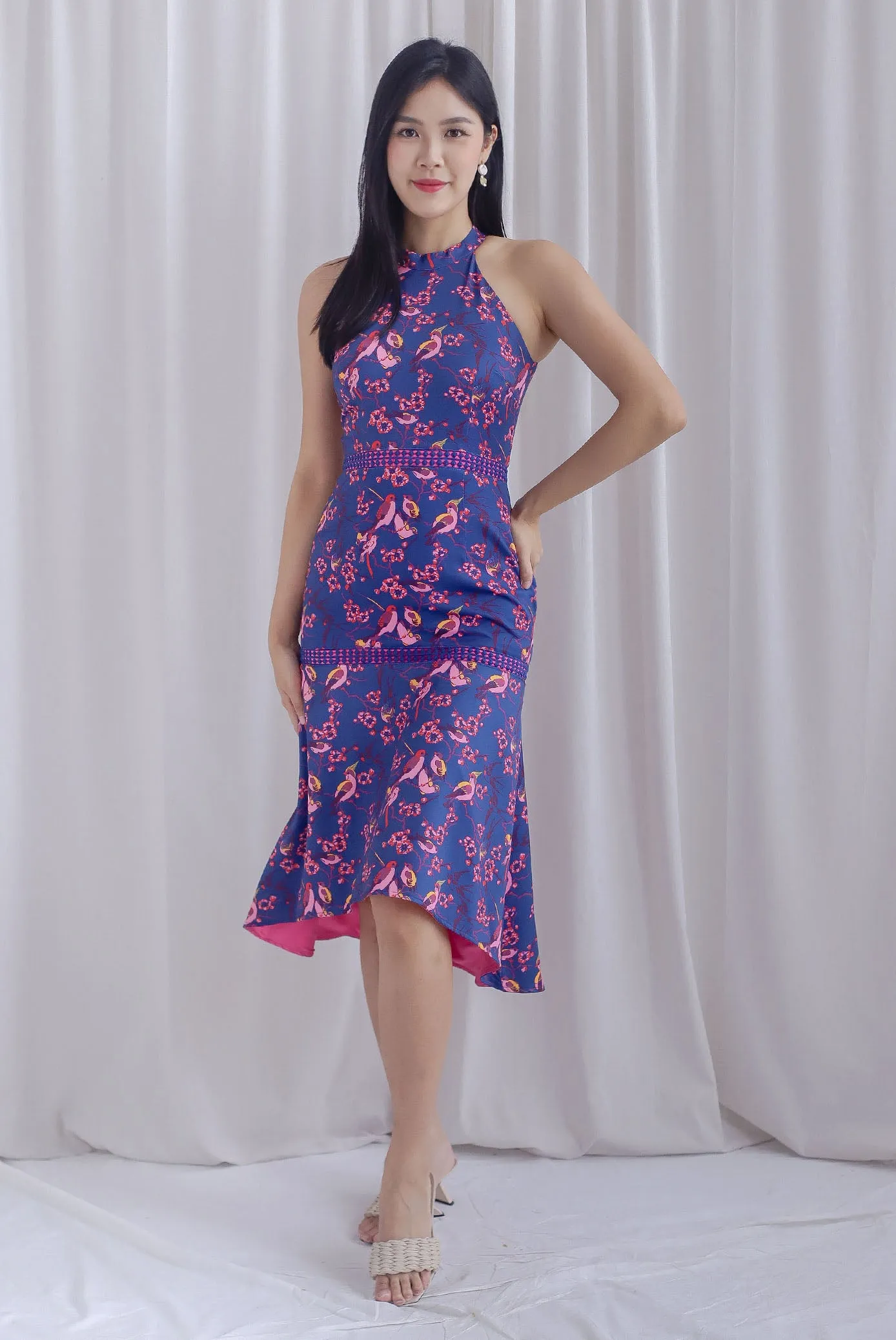 Jennifer Floral Bird Halter Mermaid Dress In Navy Blue