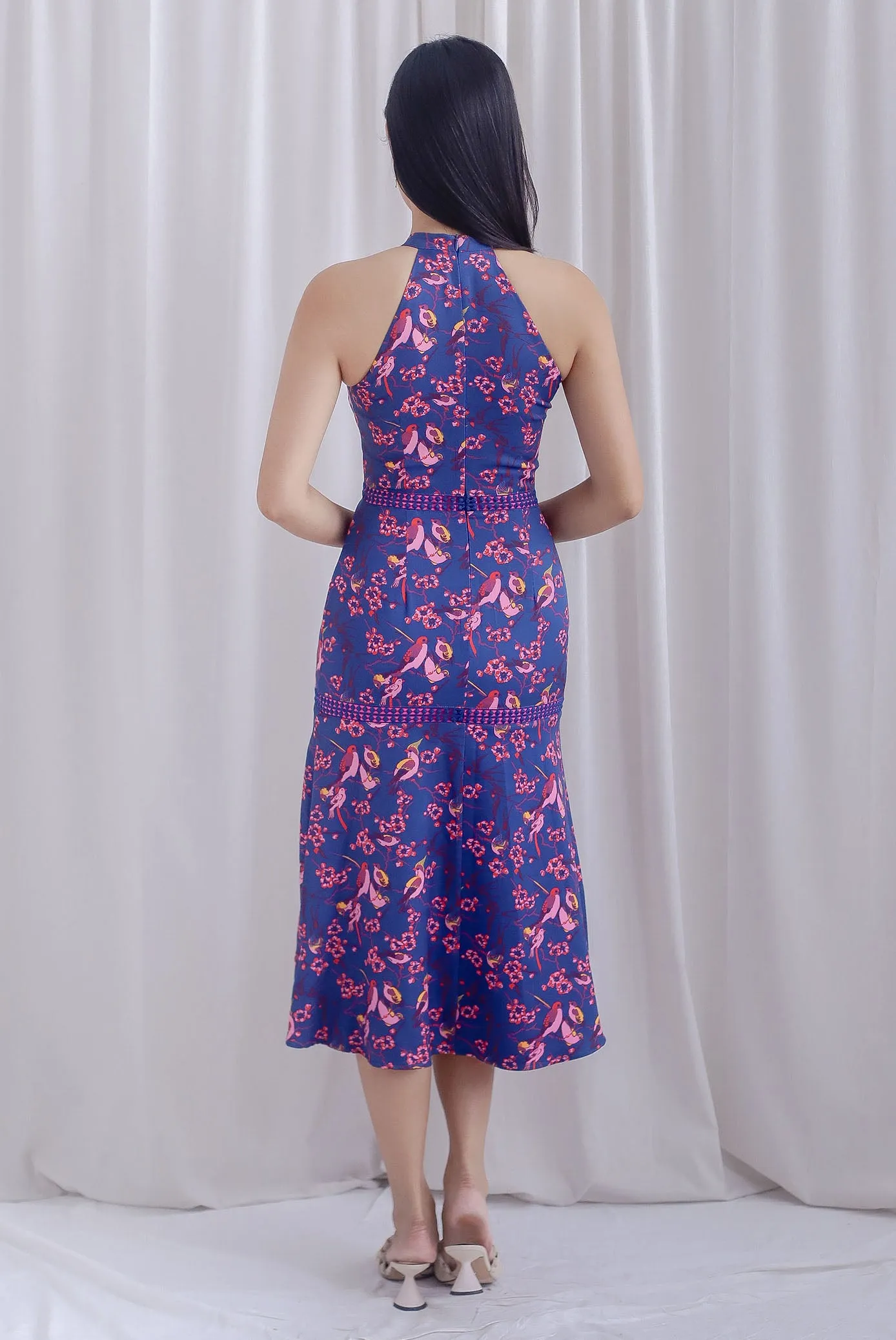 Jennifer Floral Bird Halter Mermaid Dress In Navy Blue