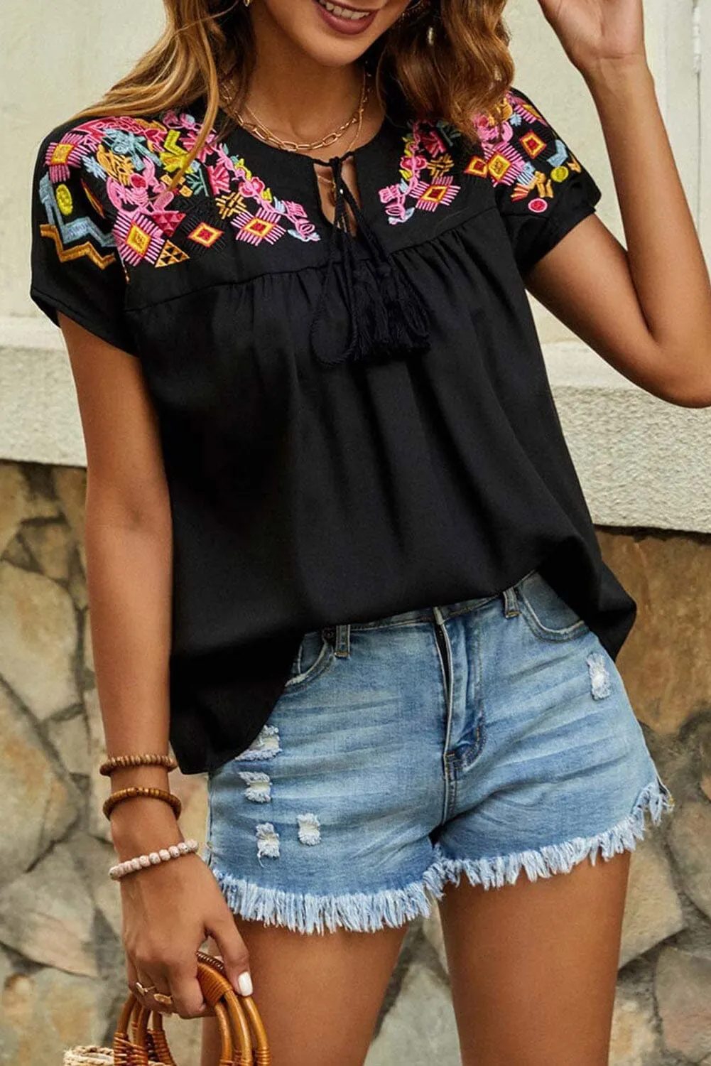 KaleaBoutique Geometric Floret Embroidered Short Sleeve Blouse