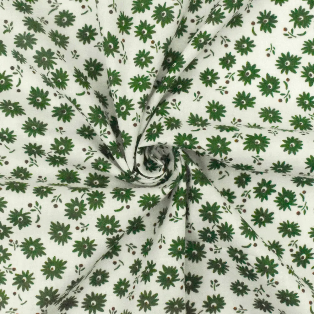 Kelly Green-Ivory-Brown Floral Printed Cotton Lawn Woven Fabric