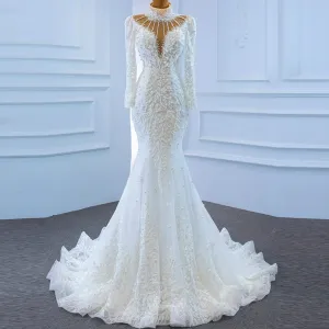 Keyhole High Neck Pearl Mermaid Wedding Dress with Long Sleeves
