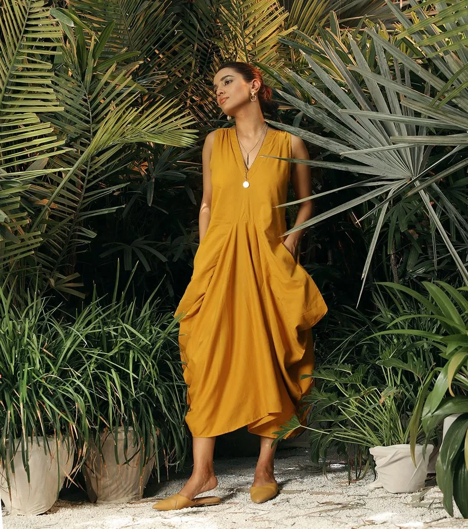 Khara Kapas   -   Dreamtime Story Ochre Side Cowl Dress - Another Day in Paradise