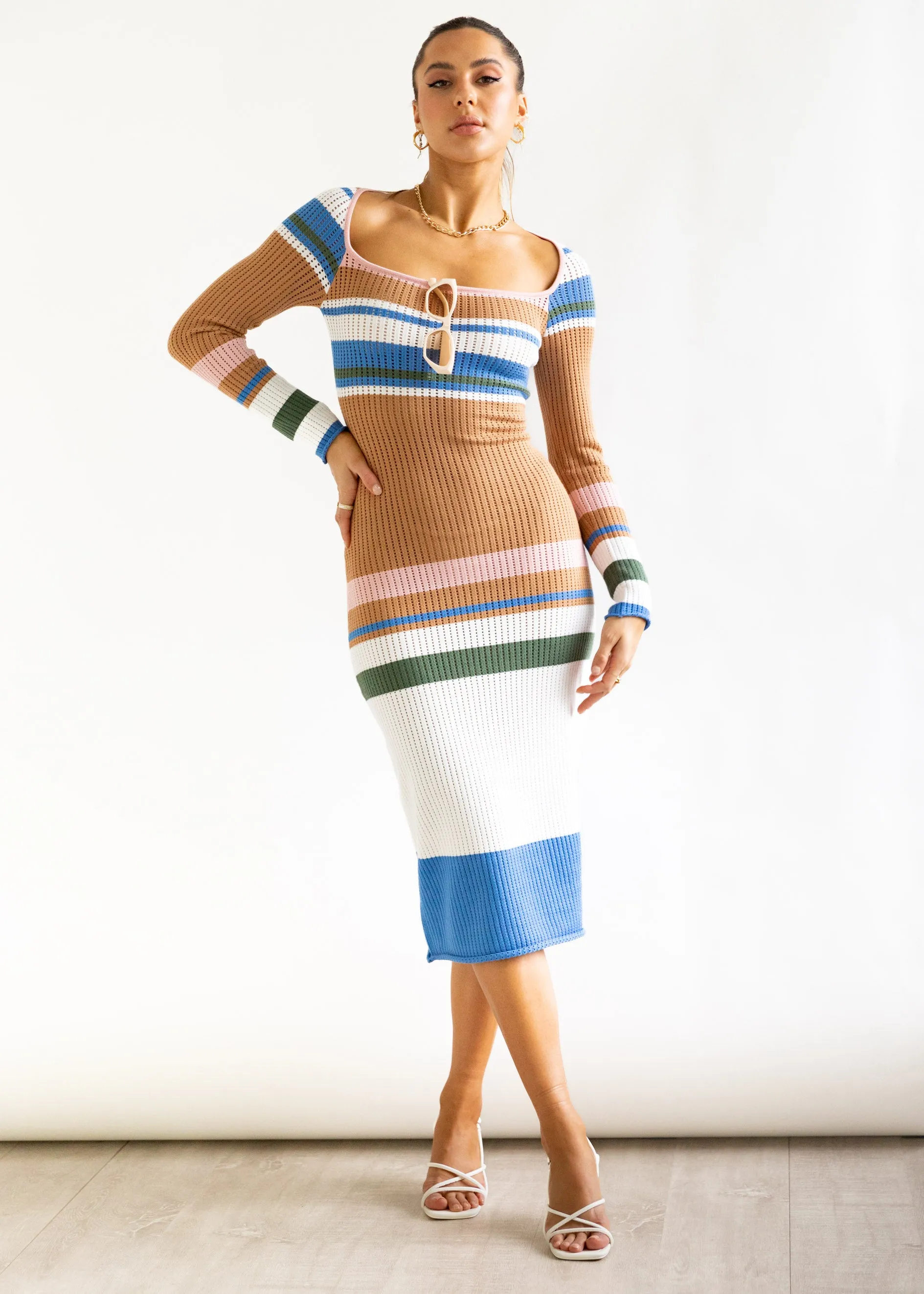 Kyasia Knit Midi Dress - Tan Stripe