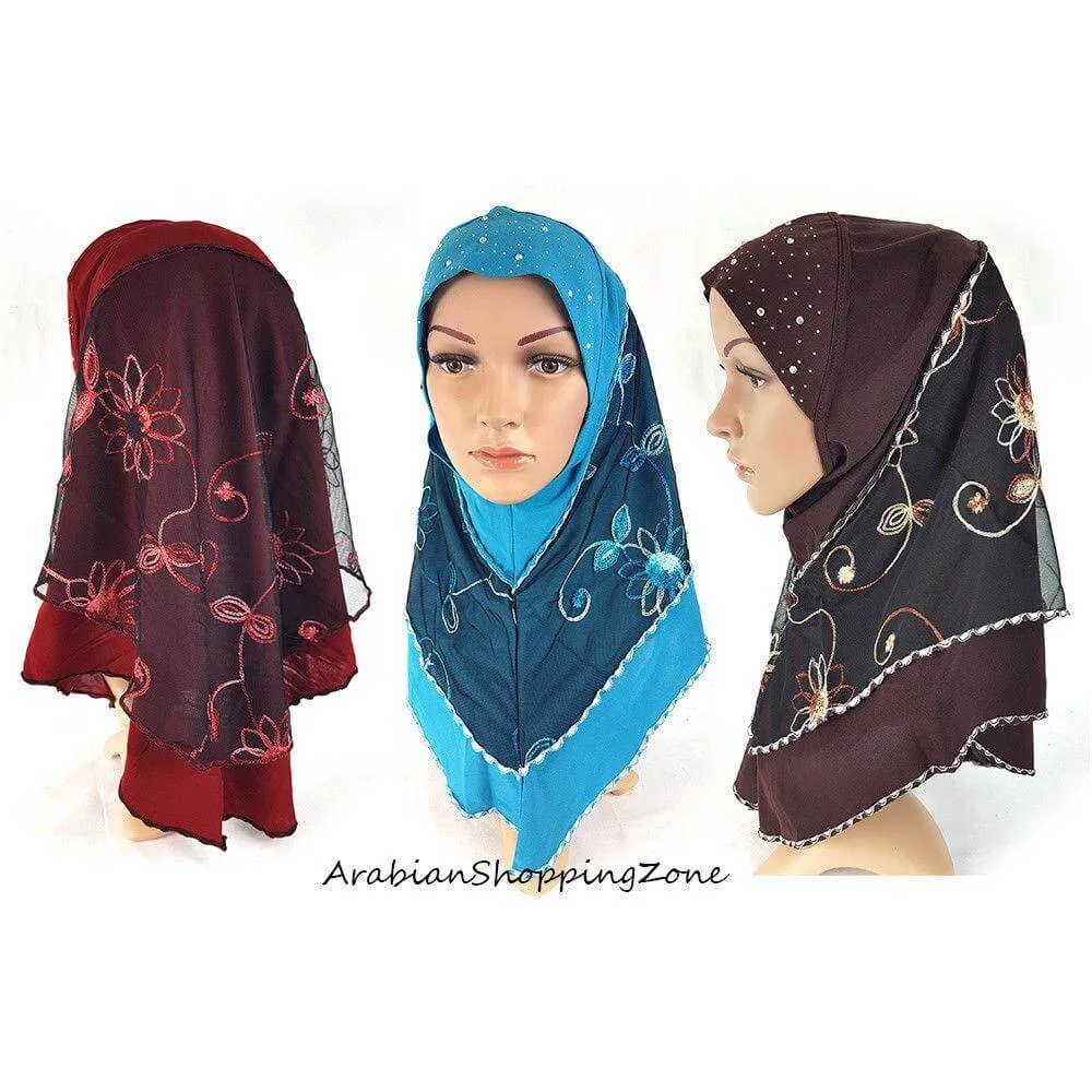Lace Crystal Hemp Muslim Girl Amira Hijab Islamic Scarf Shawls Perfect Teenagers