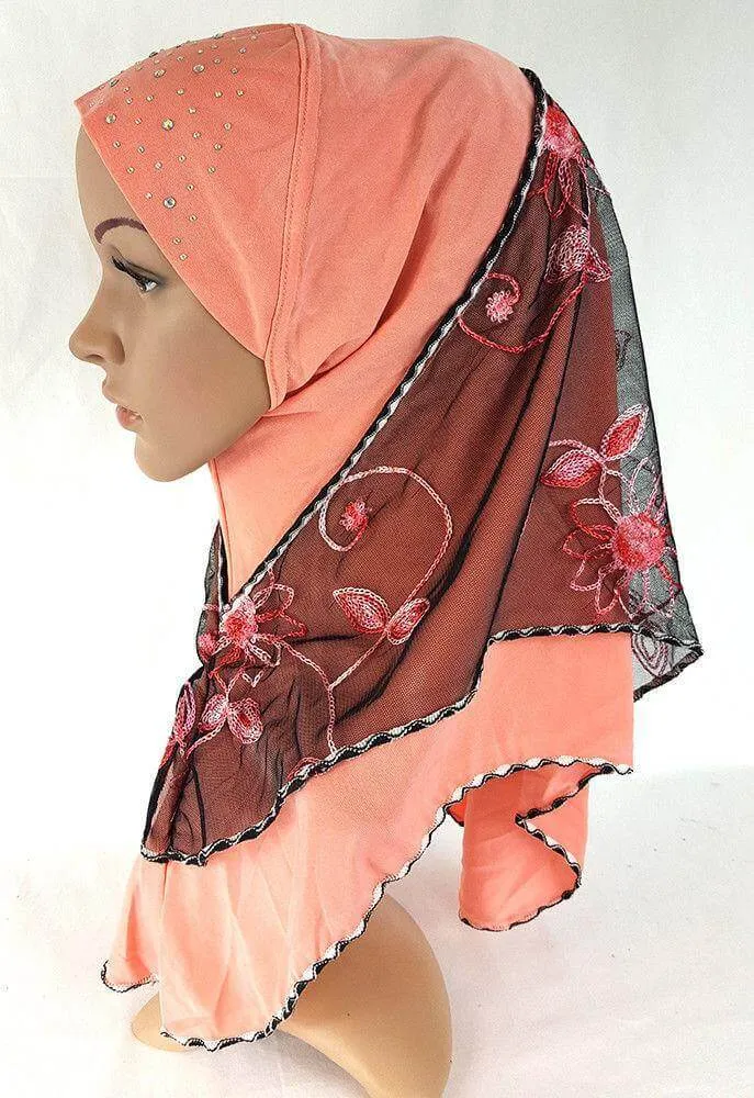 Lace Crystal Hemp Muslim Girl Amira Hijab Islamic Scarf Shawls Perfect Teenagers