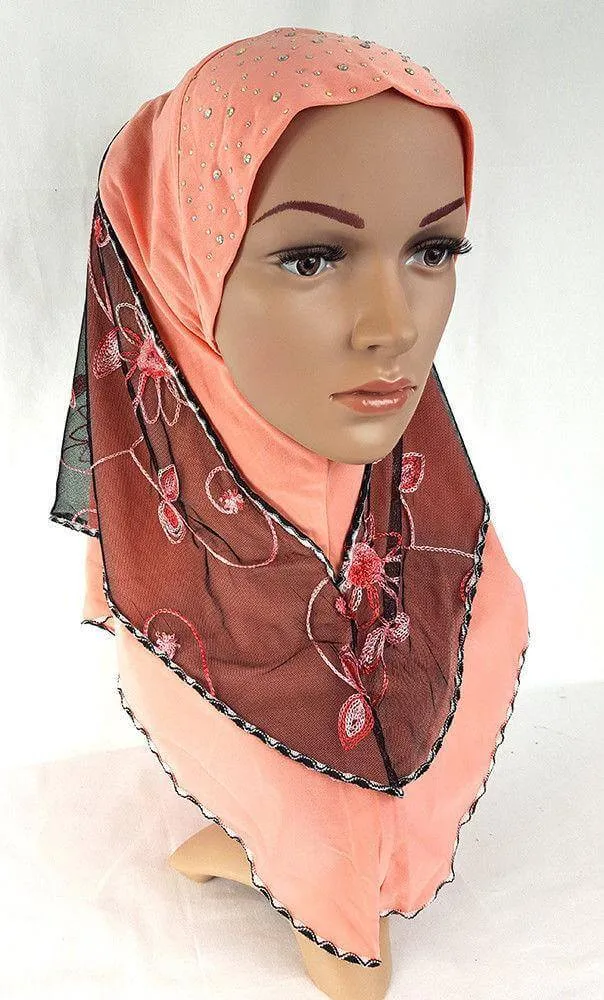 Lace Crystal Hemp Muslim Girl Amira Hijab Islamic Scarf Shawls Perfect Teenagers