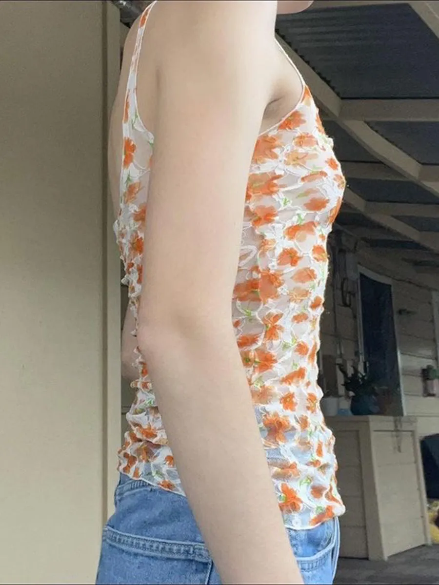 Lace Floral Orange Slimming Tank Top