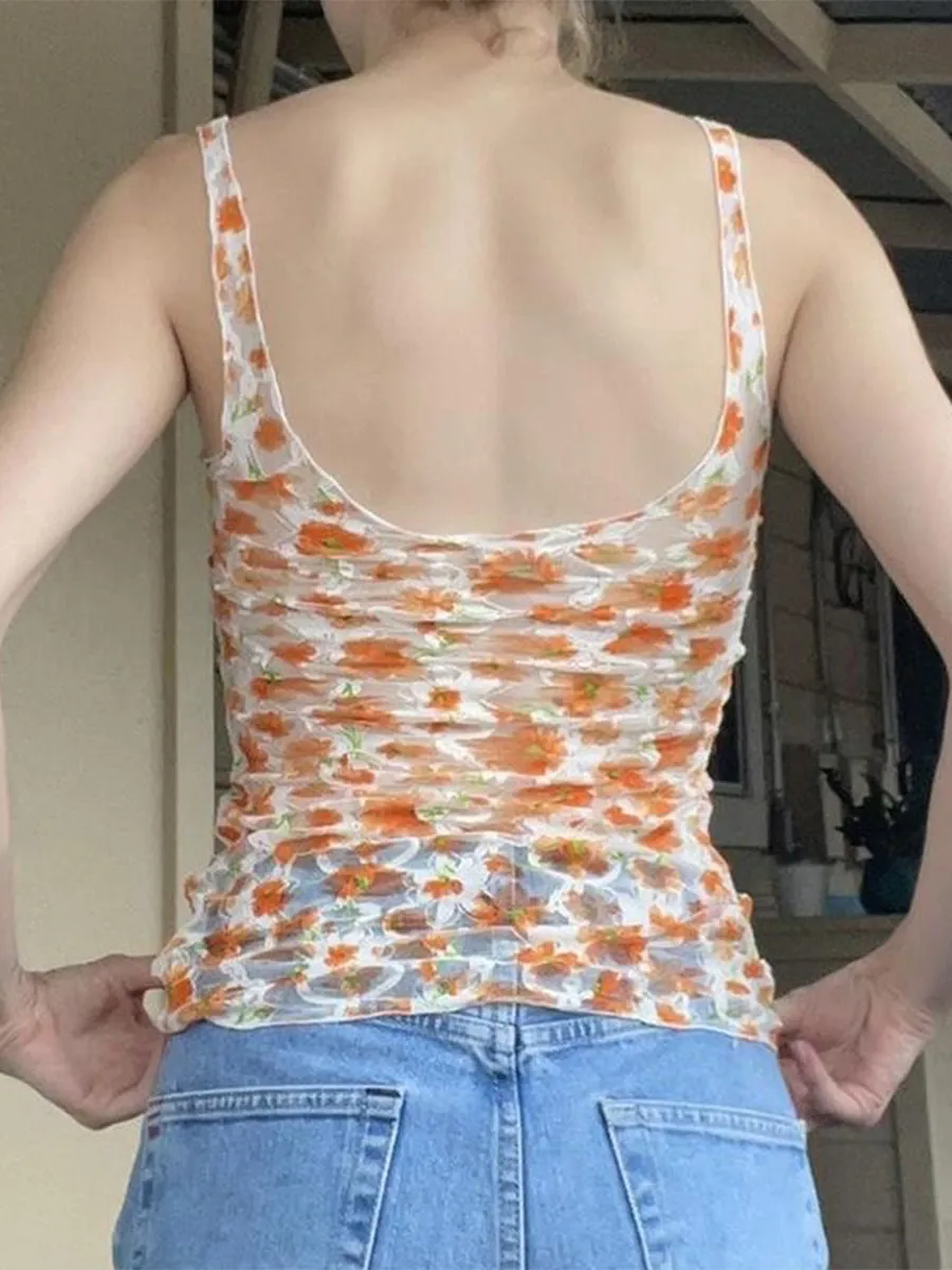 Lace Floral Orange Slimming Tank Top