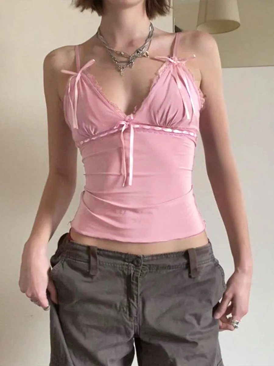 Lace Patchwork Bow Camisole Top