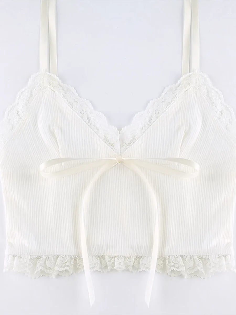 Lace Patchwork Bow Tie Crop Top