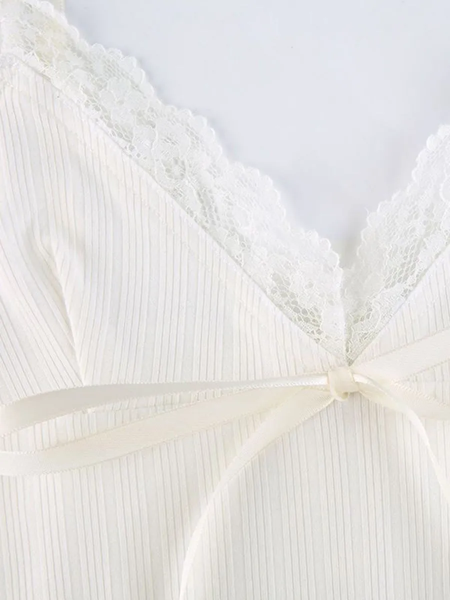 Lace Patchwork Bow Tie Crop Top