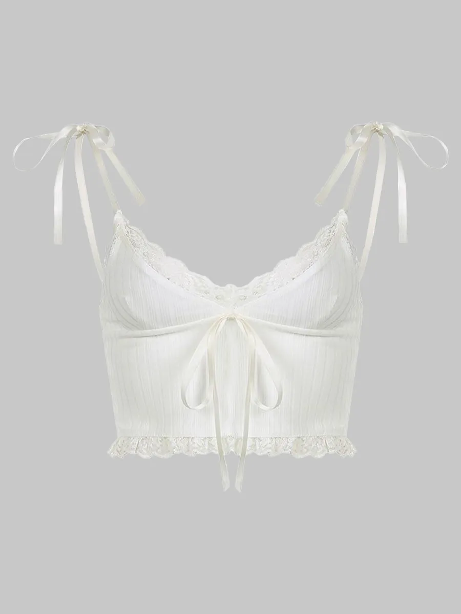 Lace Patchwork Bow Tie Crop Top