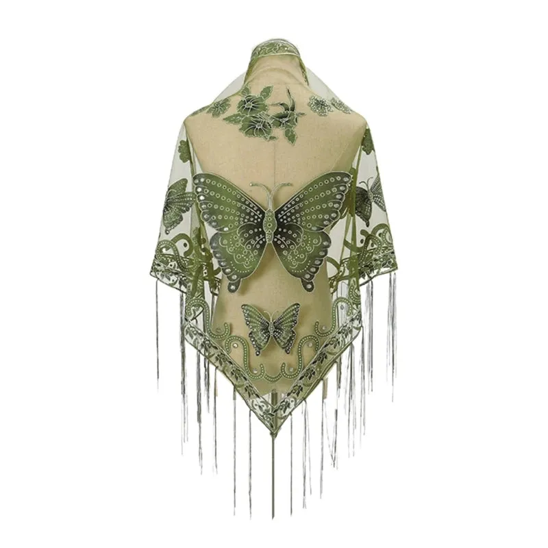 Lace Triangle Scarf Formal Shawls And Wrap For Evening Dresses Butterfly Embroidered Shawl Sheer Shawl With Fringe