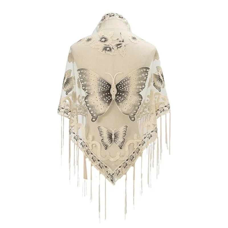 Lace Triangle Scarf Formal Shawls And Wrap For Evening Dresses Butterfly Embroidered Shawl Sheer Shawl With Fringe