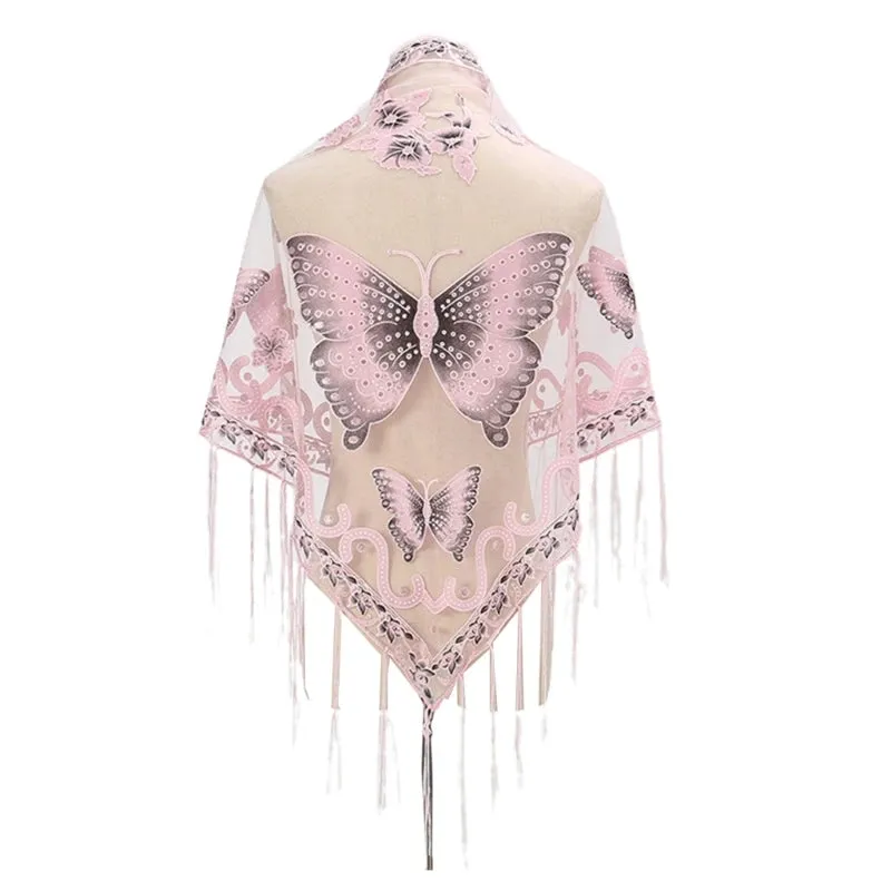 Lace Triangle Scarf Formal Shawls And Wrap For Evening Dresses Butterfly Embroidered Shawl Sheer Shawl With Fringe