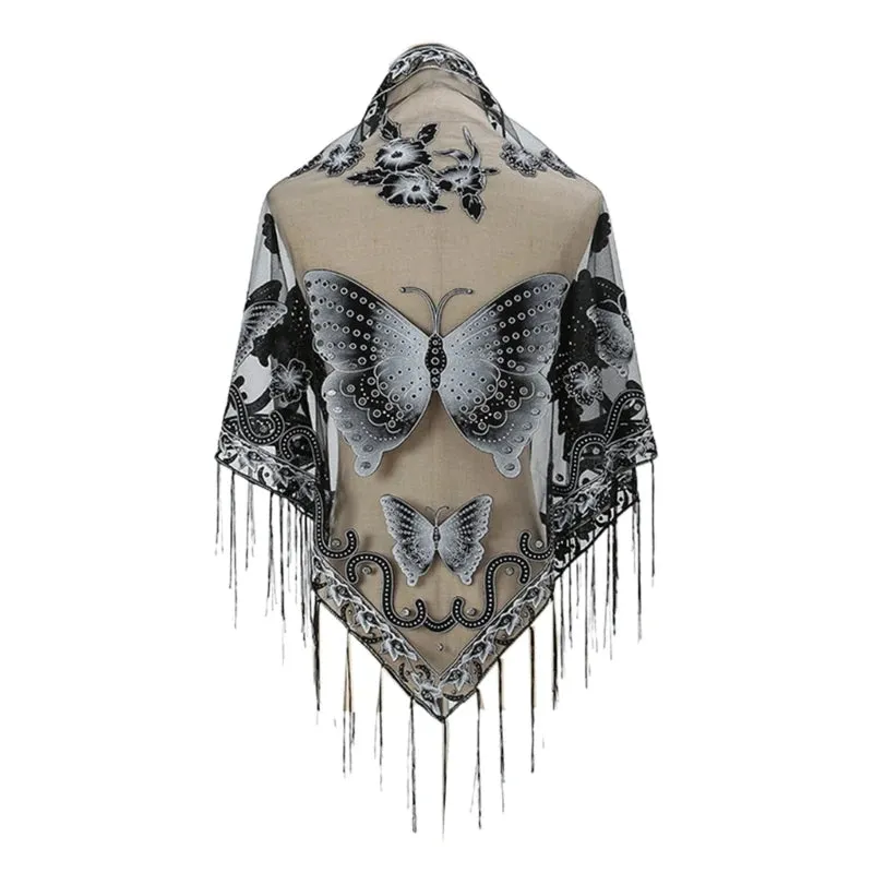 Lace Triangle Scarf Formal Shawls And Wrap For Evening Dresses Butterfly Embroidered Shawl Sheer Shawl With Fringe